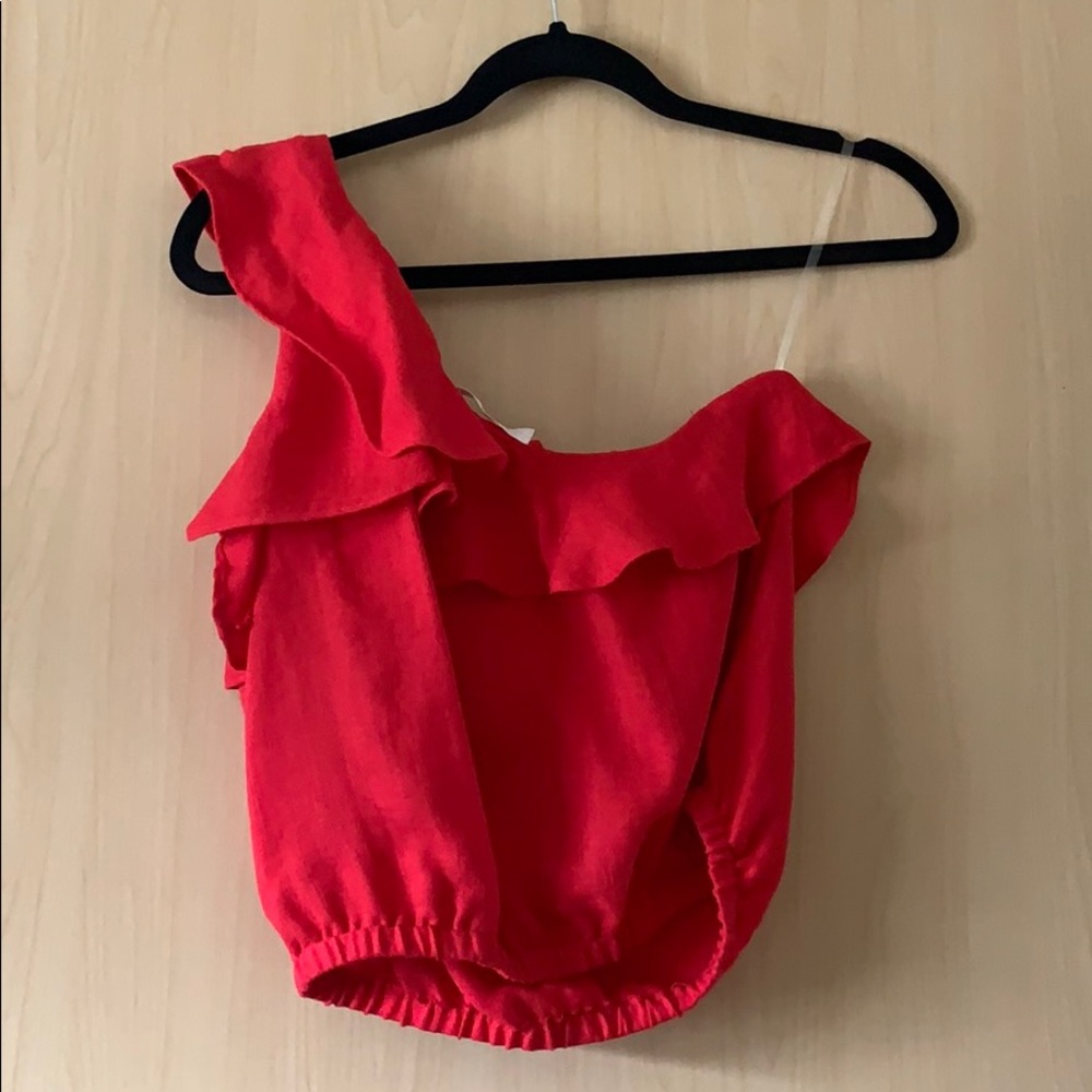 Astr One-Shoulder Red Ruffle Crop Top - Picture 2 of 5